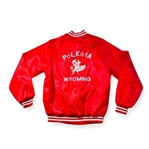 Vintage 1980s Red Satin ‘POLKofA Wyoming’ Snap Button Down Jacket Size Medium